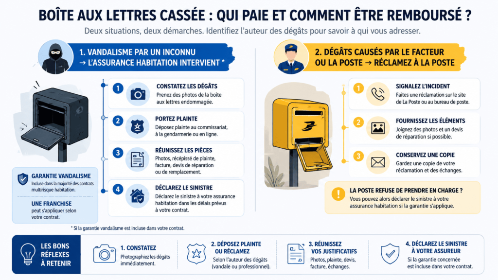 Infographie expliquant qui rembourse une boîte aux lettres endommagée.
