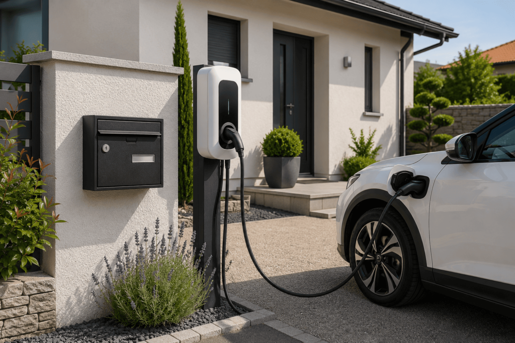 Vue d'une borne de recharge installée à proximité d'une boîte aux lettres individuelle dans une maison.
