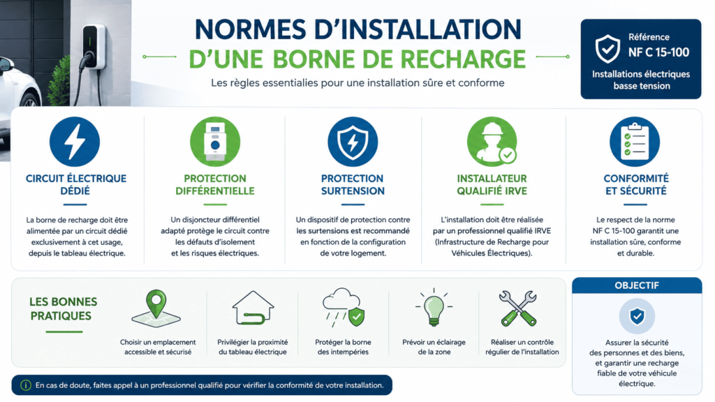 Infographie présentant les principales normes d'installation d'une borne de recharge.